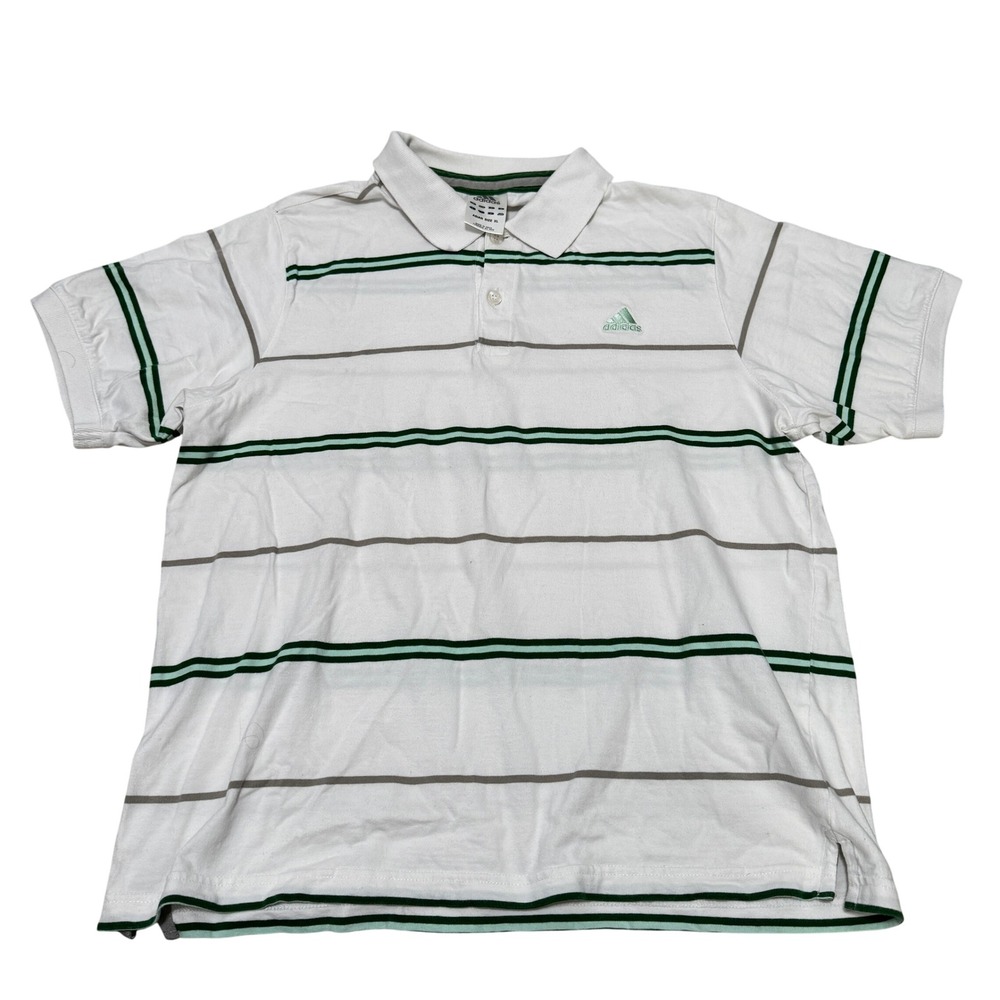 Adidas Mens Striped Polo Shirt White Green Grey Cotton Pique XL 369219